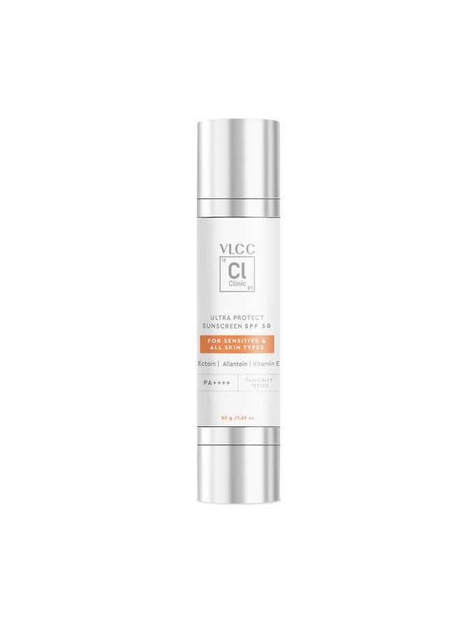 VLCC Clinic Ultra Protect Sunscreen SPF 50 PA++++ – Broad-Spectrum, Sensitive-Skin Friendly UV Protection | Ectoin, Allantoin & Vitamin E | 50g - Image 1